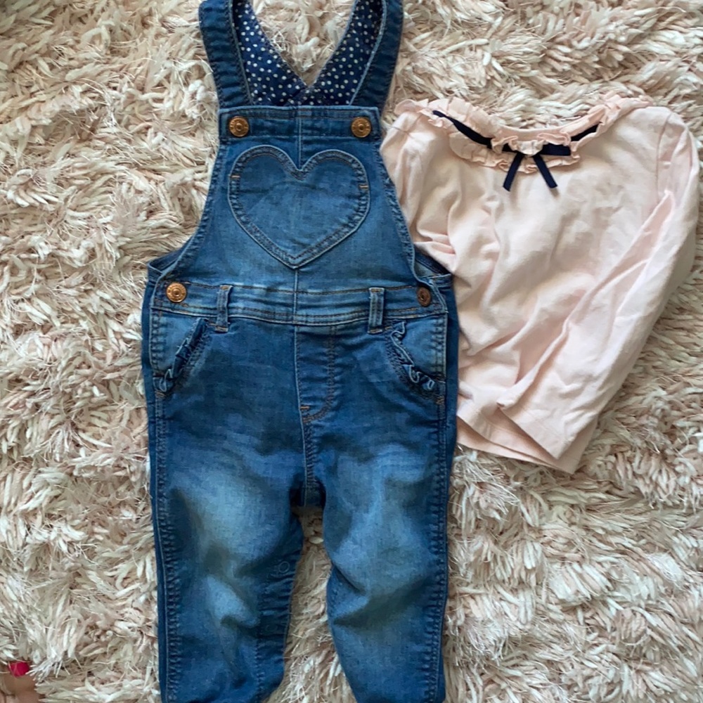 Baby girl denim H&M overalls with Janie and Jack ruffle collar shirt